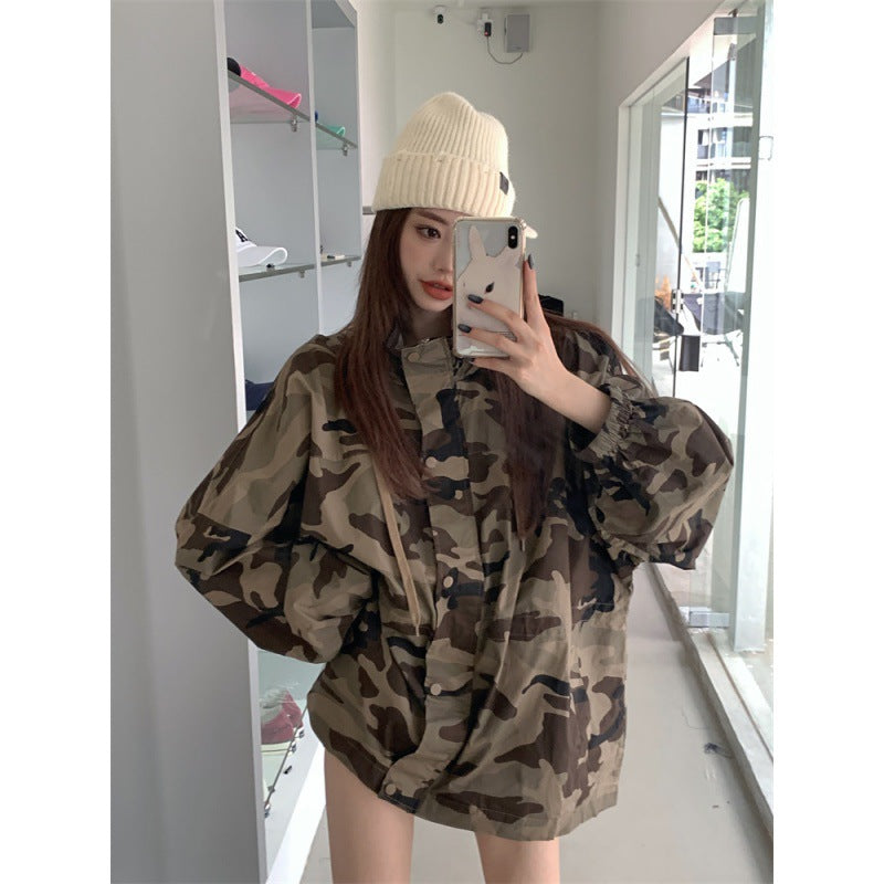 Women's Long Sleeve Zipper Camouflage Tooling Short Coat