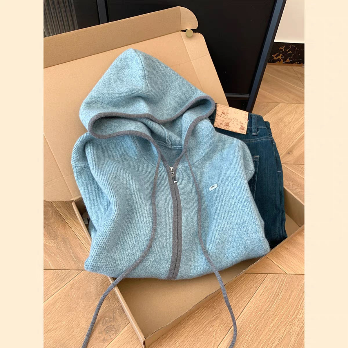 Zipper Hooded Idle Style Knitted Loose Slimming Soft Glutinous Sweater