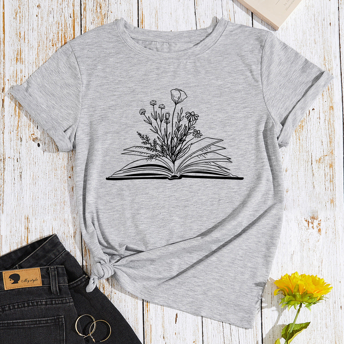 Dame blomsterbogtryk løs bomuldslignende T-shirt med rund hals og korte ærmer i store størrelser til kvinder