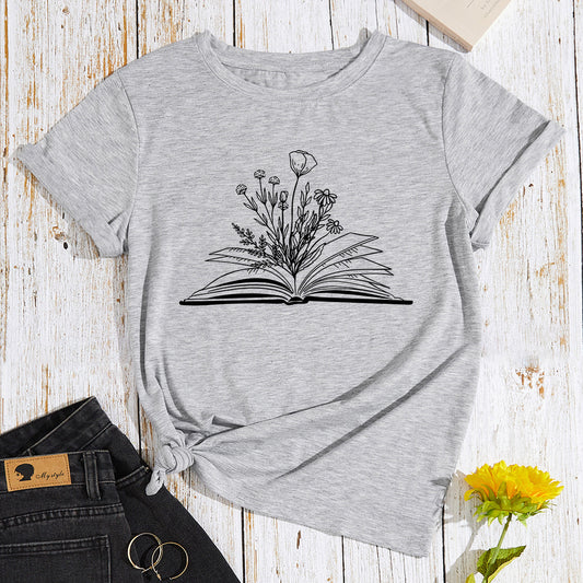 Dame blomsterbogtryk løs bomuldslignende T-shirt med rund hals og korte ærmer i store størrelser til kvinder