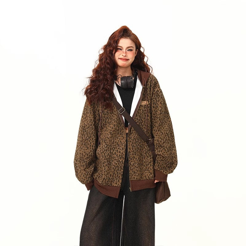 Retro Hooded Zipper Leopard Print Men's And Women's Jacket