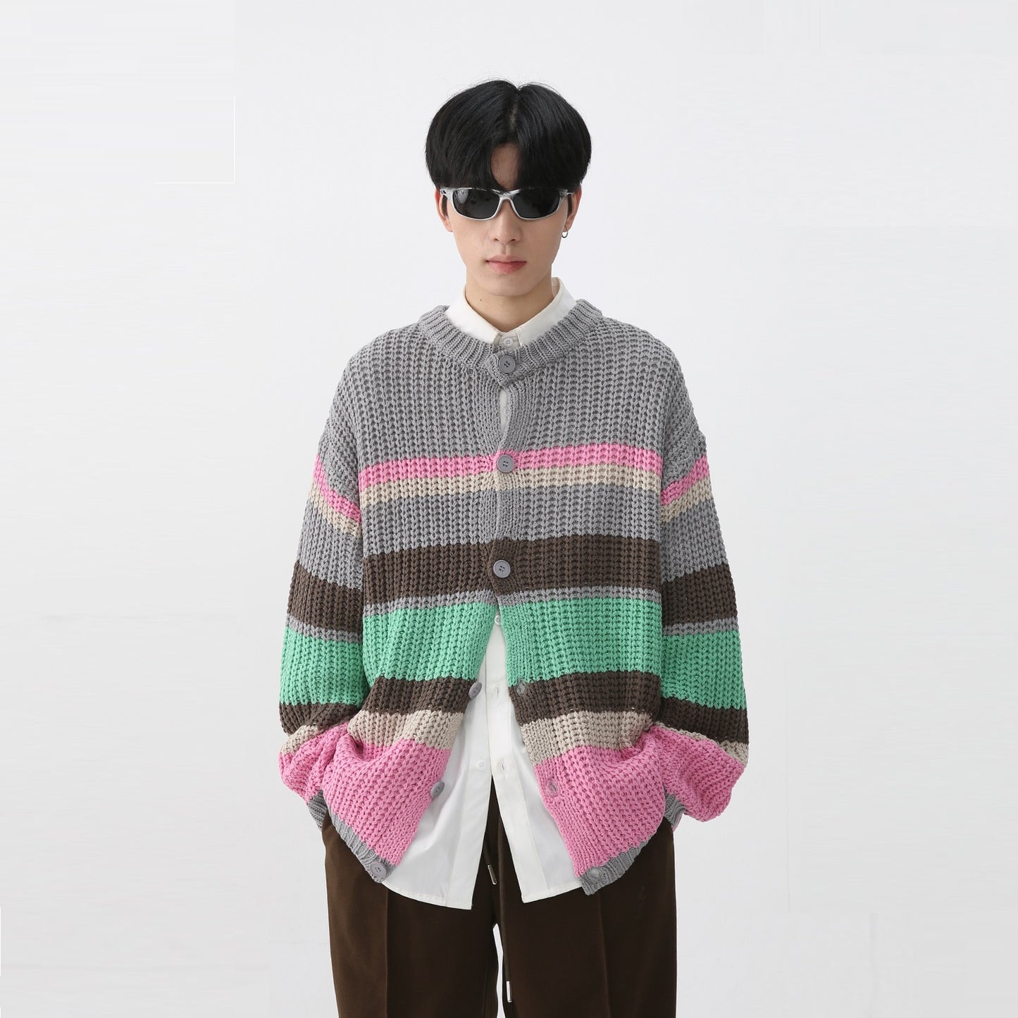 Autumn And Winter New Men's Long-sleeve Cardigan Sweater Striped Coat