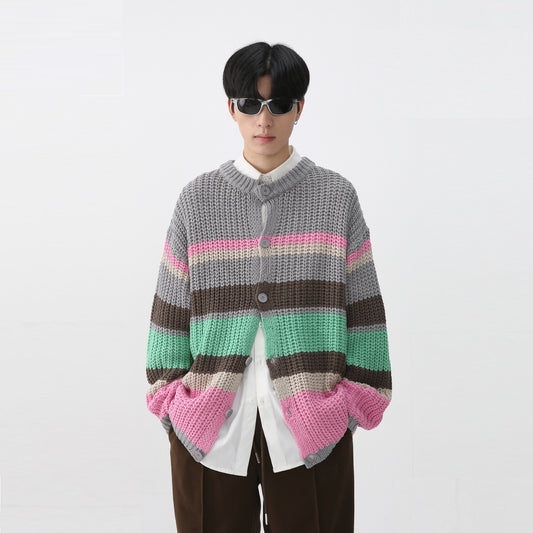 Autumn And Winter New Men's Long-sleeve Cardigan Sweater Striped Coat