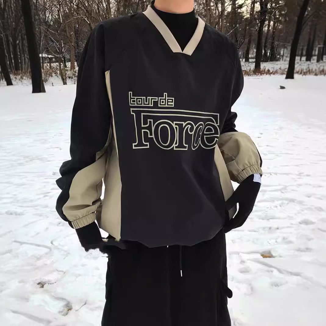 Kontrastfarvet Retro Nylon V-hals Langærmet i Koreansk Stil
