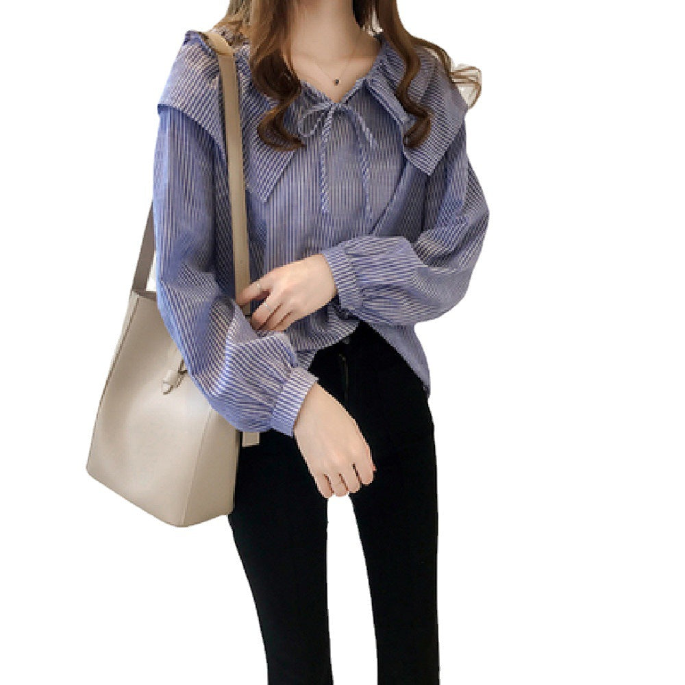 Temperament Commute Single-breasted Striped Pullover Lapel Shirt