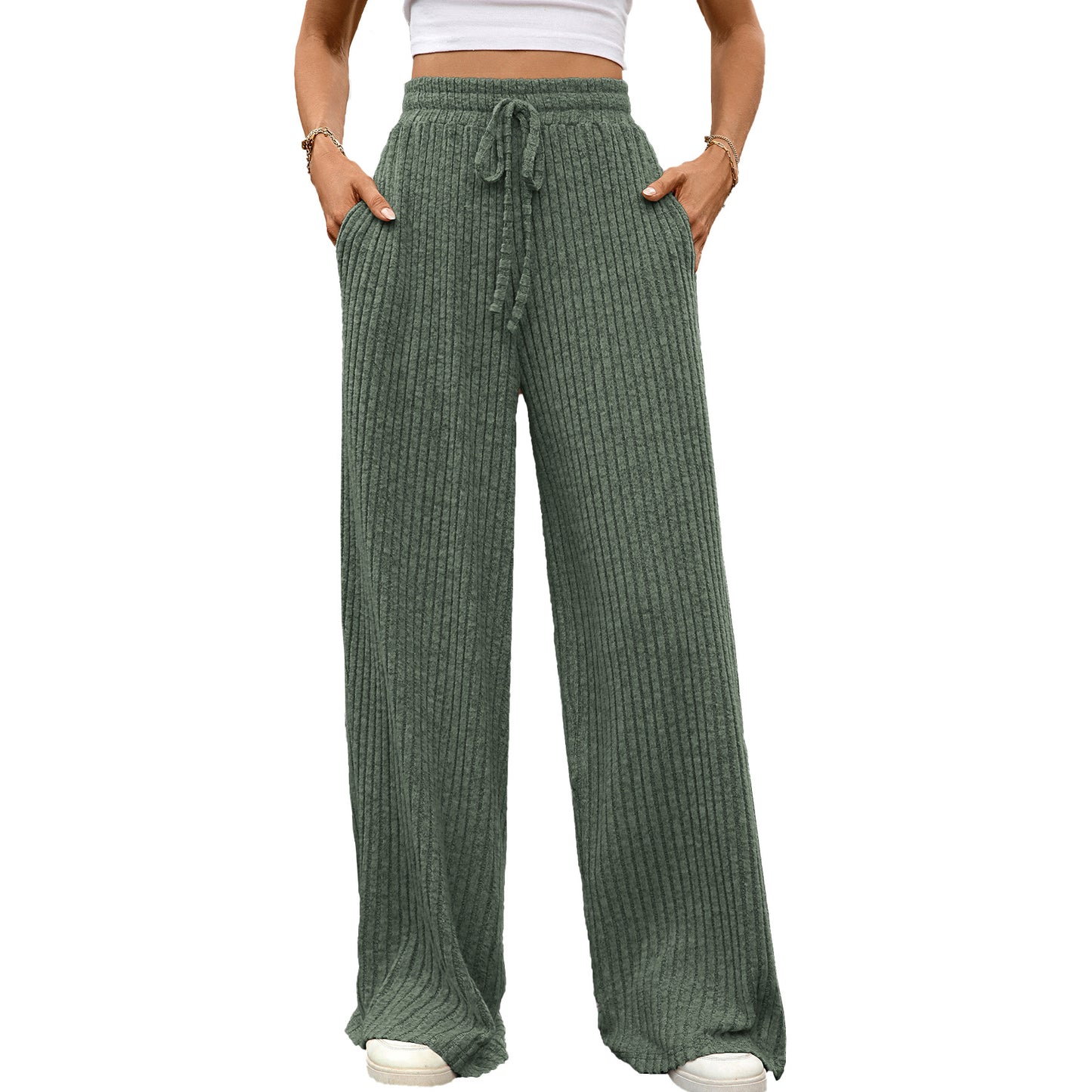 Multi-color Drawstring Loose Sunken Stripe Straight-leg Trousers