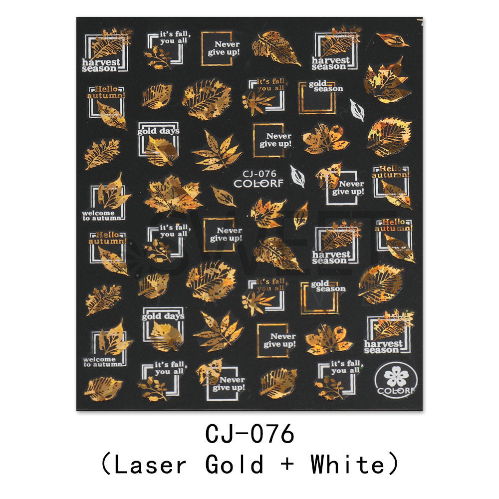 Nail Sticker Laser Golden Maple Leaf Letter Fan 3D