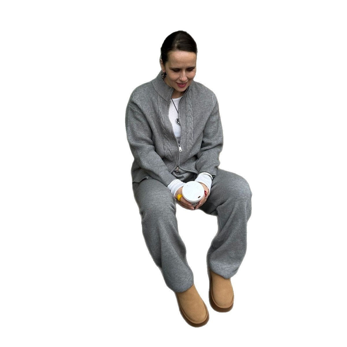 Women's Knitted Zipper Top And Trousers Suit