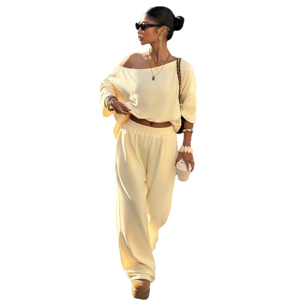 SpringSummer European And American Retro Sassy Off-Shoulder Mid-Rise Loose Wide-Leg Jumpsuit Set