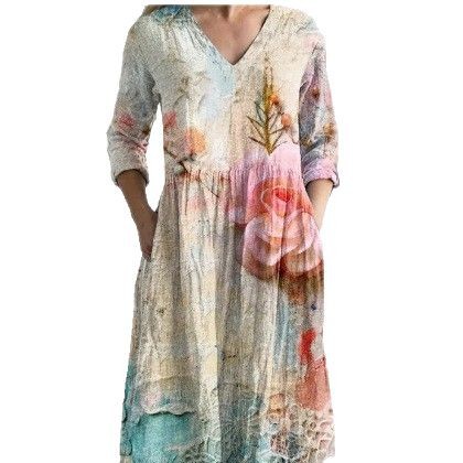 Womens Loose Stylish V-Neck Printed Dress