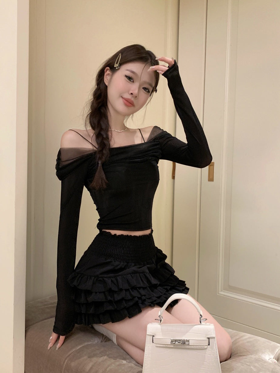 French Mesh Off-shoulder Long Sleeve Top