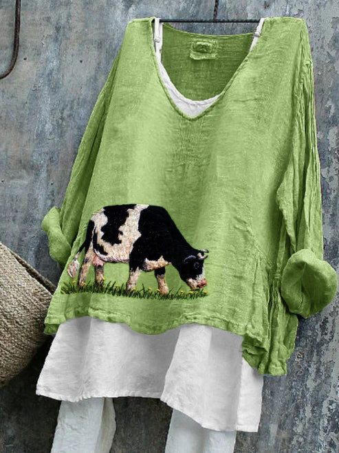 Farm Dairy Cow Print Linen Long-sleeve Top