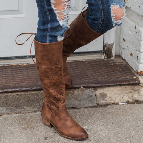Autumn And Winter Low-heeled Hollow Burnt Half Zipper Knight Boots