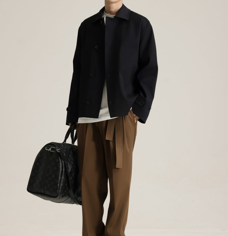 Twill Blended Partial Placket Turn-down Collar Coat Men