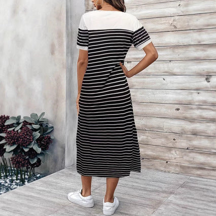 Womens Crew-Neck Slit Short-Sleeve Striped Dress