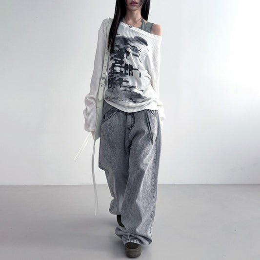 Personalized Distressed Print Diagonal Collar Loose Long-sleeve Women's Top