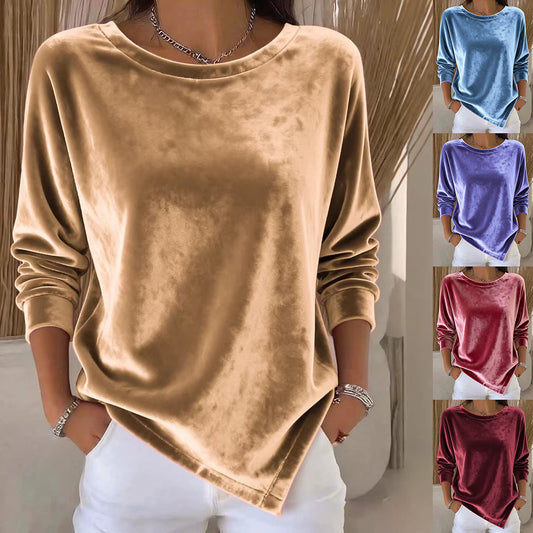 Womens Round-Neck Velvet Solid-Color Long-Sleeve Blouse