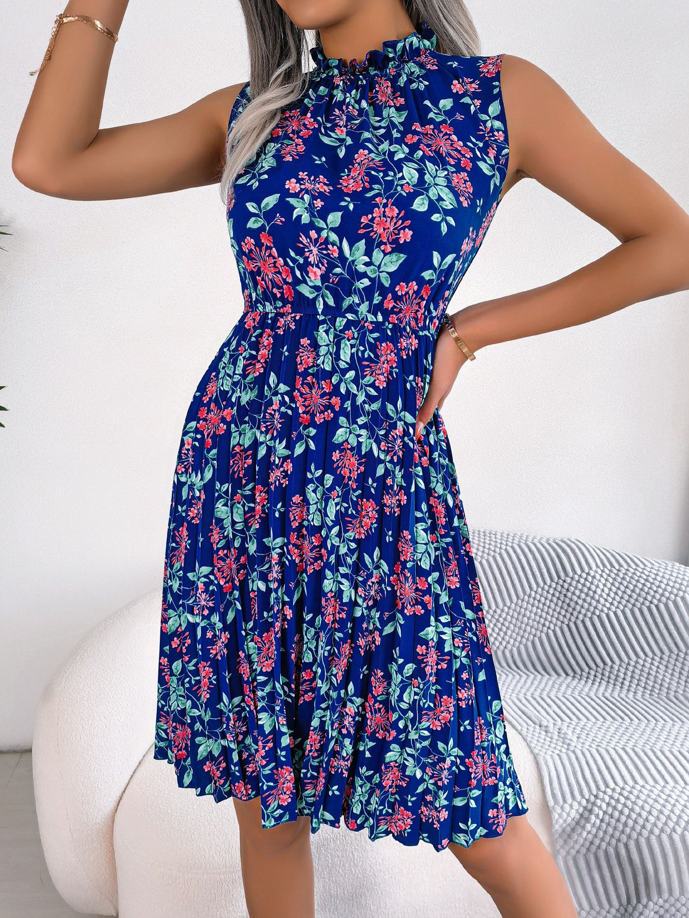 Women  Elegant Ruffle Trim Floral Print Tie Waist Pleated Dress