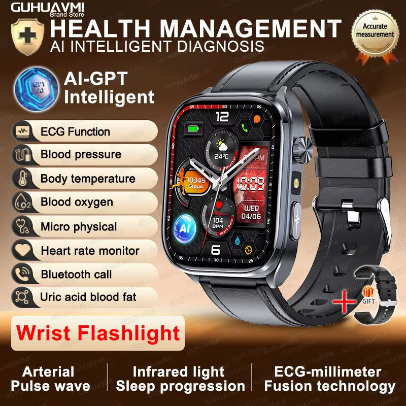 2025 New ECG+PPG AI Healthy Diagnose Smart Watch Men Blood Lipid Uric Acid BT Call Flashlight Blood Pressure Health Smartwatch