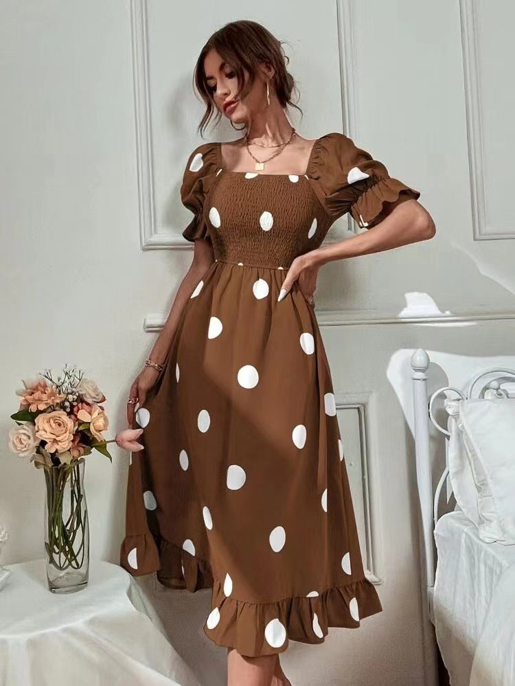Big Round Dot Slim Fitting Sweet Ruffled Short Sleeved Dress