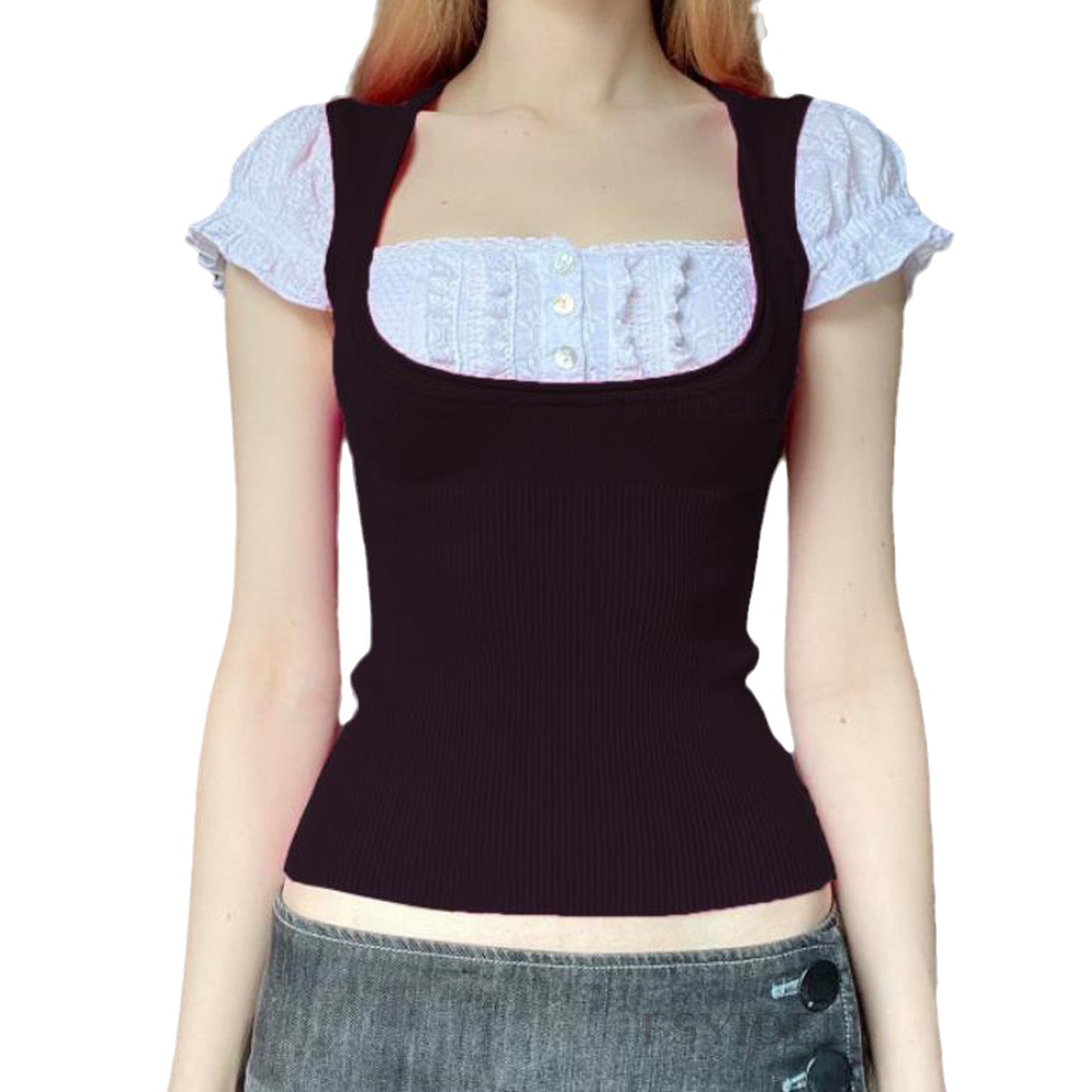Women's Square Collar Lace Patchwork Knitted Short Sleeve