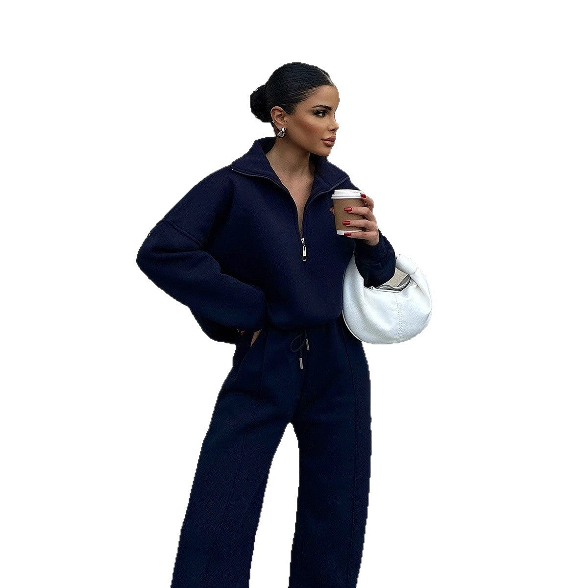 Casual Women's Fashion Half-zip Hoodie And Pants Two-piece Set Loose Casual Autumn And Winter Outfit