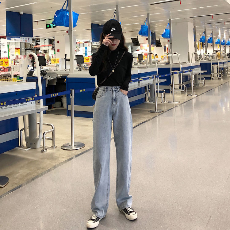 Loose Retro High-waist Strap Straight Wide-leg Jeans