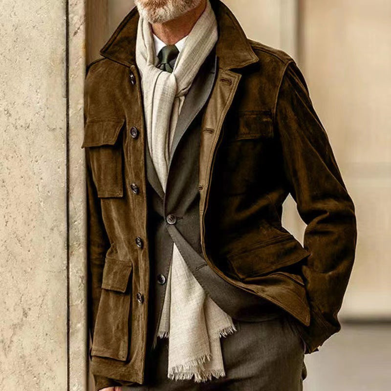 Regular Men's Cowhide Casual Coat And Trench Coat Multi-pocket