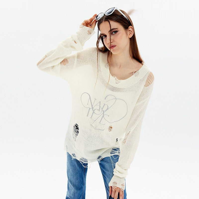 Loose Round Neck Thin Ripped Long Sleeves Shirt