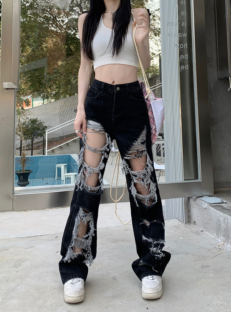 New Fried Street Fashion Cool Raw Hem High Waist Straight Mopping Pants