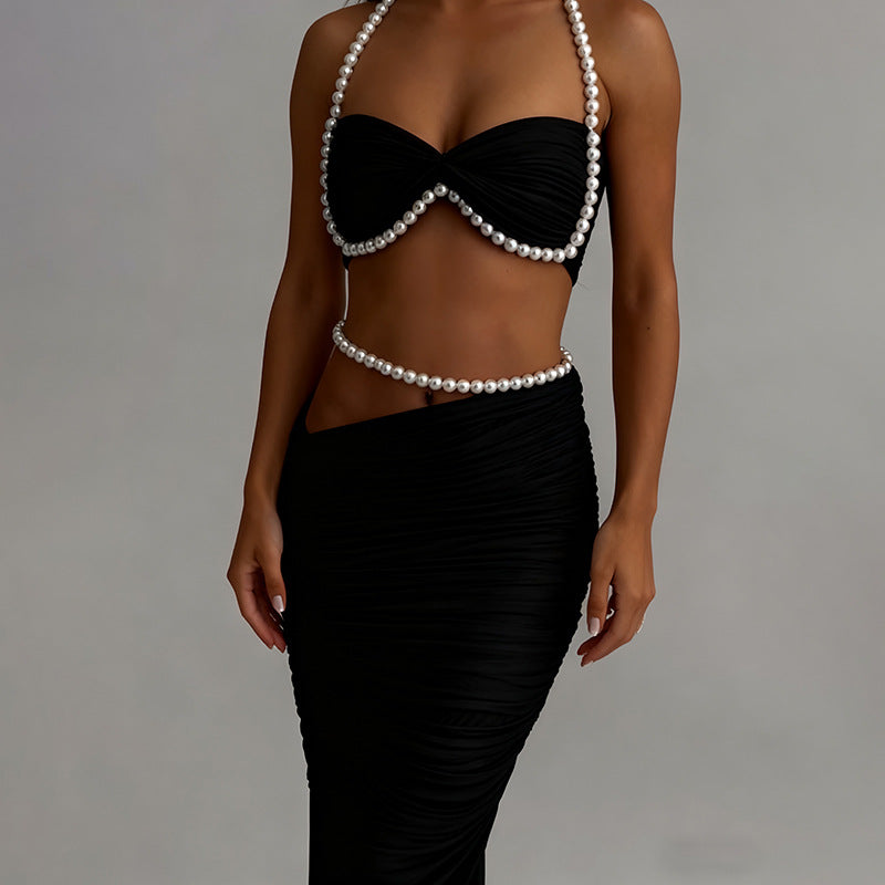 Pearl Decoration Sexy Navel Wrapped Chest Low Waist Hip-wrapped Long Skirt Suit