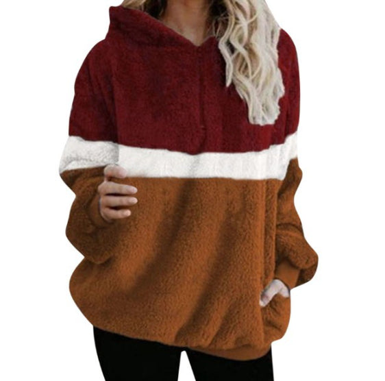 Autumn And Winter Three-color Stitching Hooded Pocket Coat