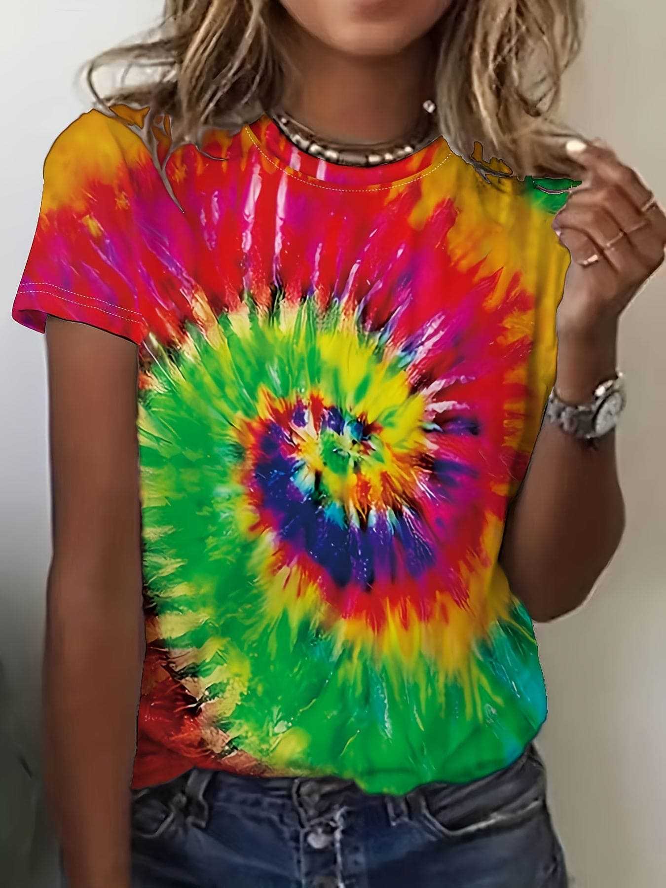 Round Neck Women's Cotton-like Short-sleeved Tie-dye T-shirt
