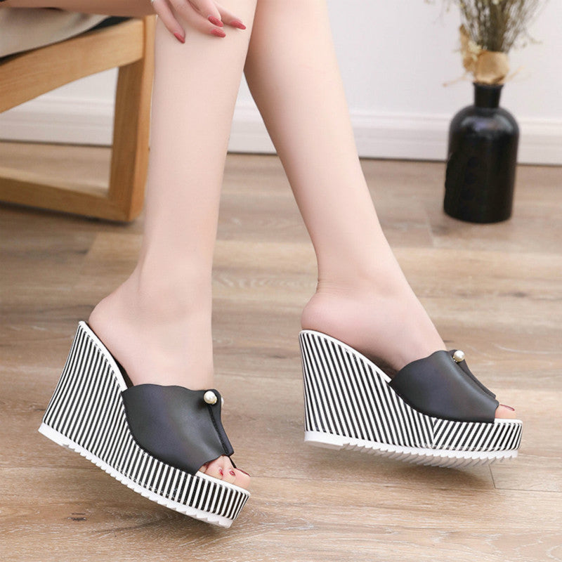 Korean Women's Thick-soled High-heeled Flip-flop Pearl Fish Mouth
