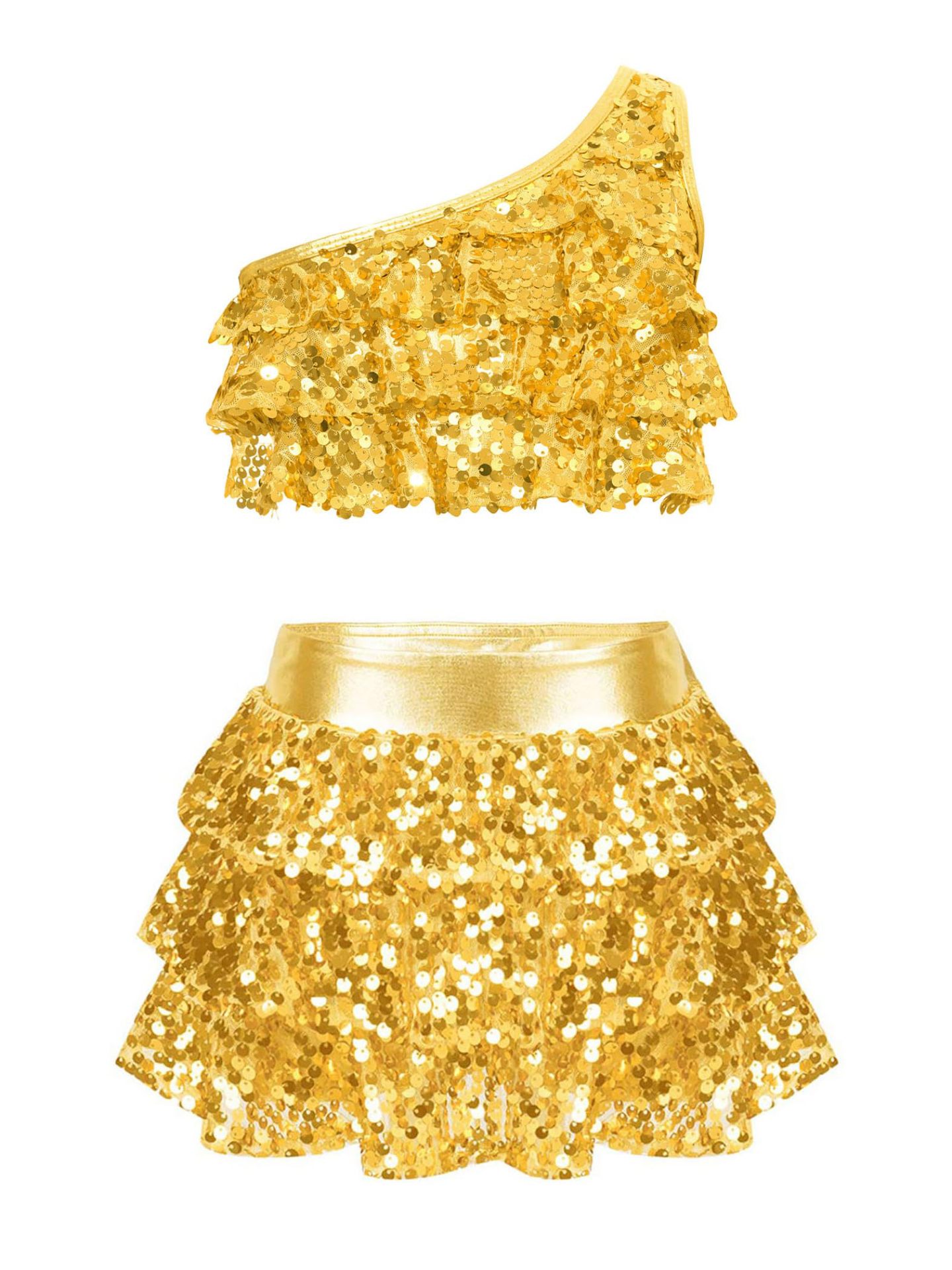 Solid-color Casual Sequin Slim-fit Skirt Set For Girls