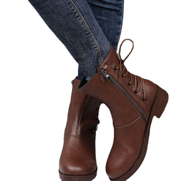 Fashion New Round Head Belt Buckle Thick Heel Martin Boots Women