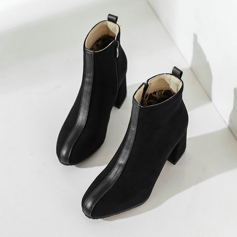 Women's Suede Martin Boots With Square Toe Block Heel