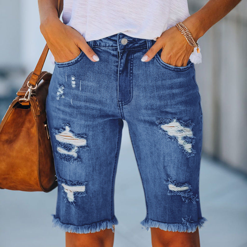 High Stretch Trousers Mid-rise Five-point Pants Ripped Jeans