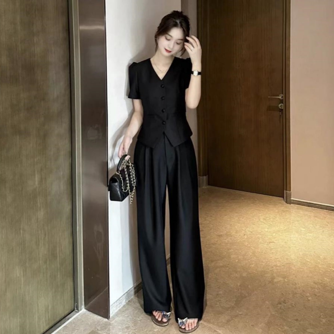 New Flattering Short Sleeve Top Casual Wide-leg Pants Two-piece Set For Women