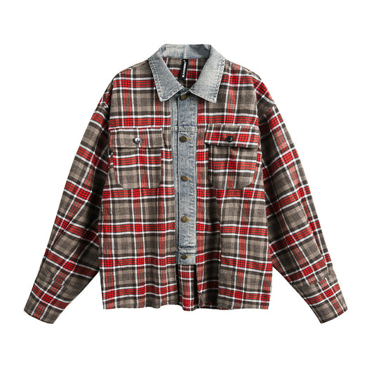 Mens Retro American-Style Plaid Loose-Fit Long-Sleeve Shirt