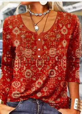 Women's Long-Sleeve Printed V-Neck Loose T-Shirt