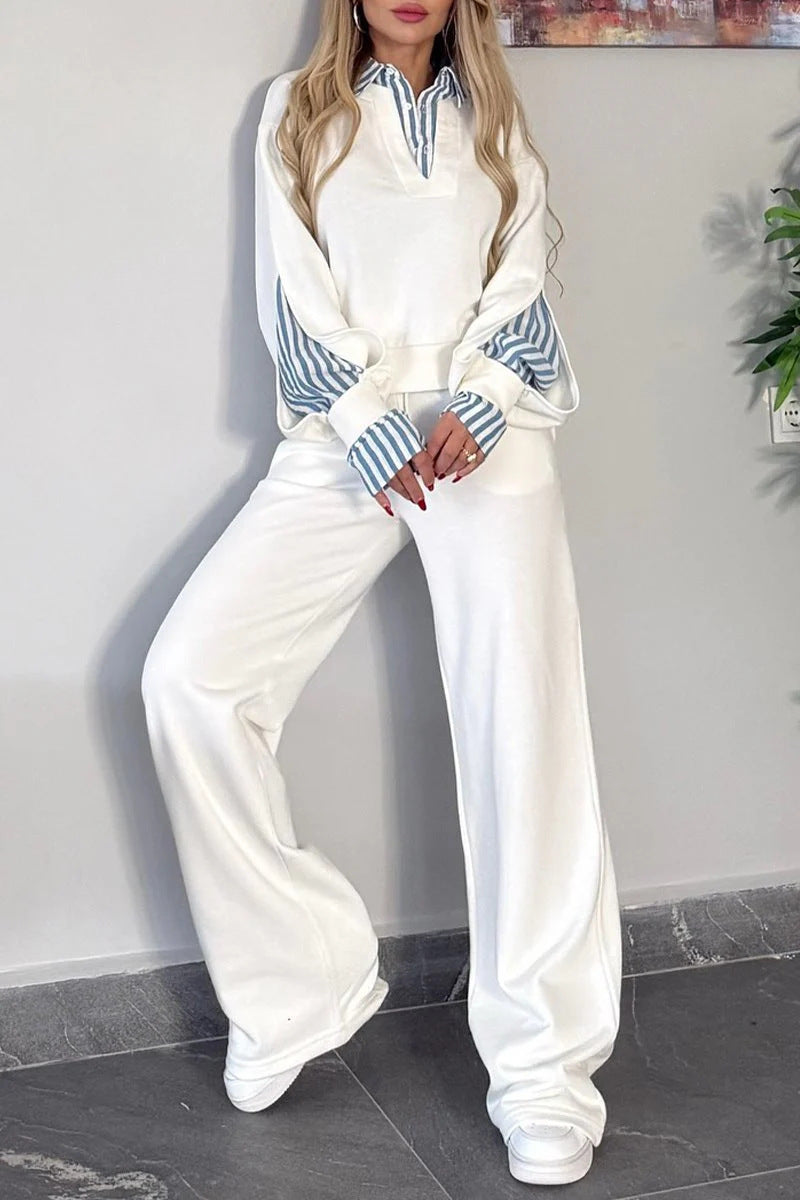 Lapel-collar Long-sleeve Shirt And Relaxed-fit Casual Hoodie Set
