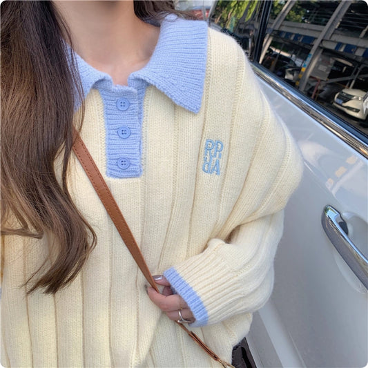 Women's Preppy Style Collar Contrast Color Loose Sweater