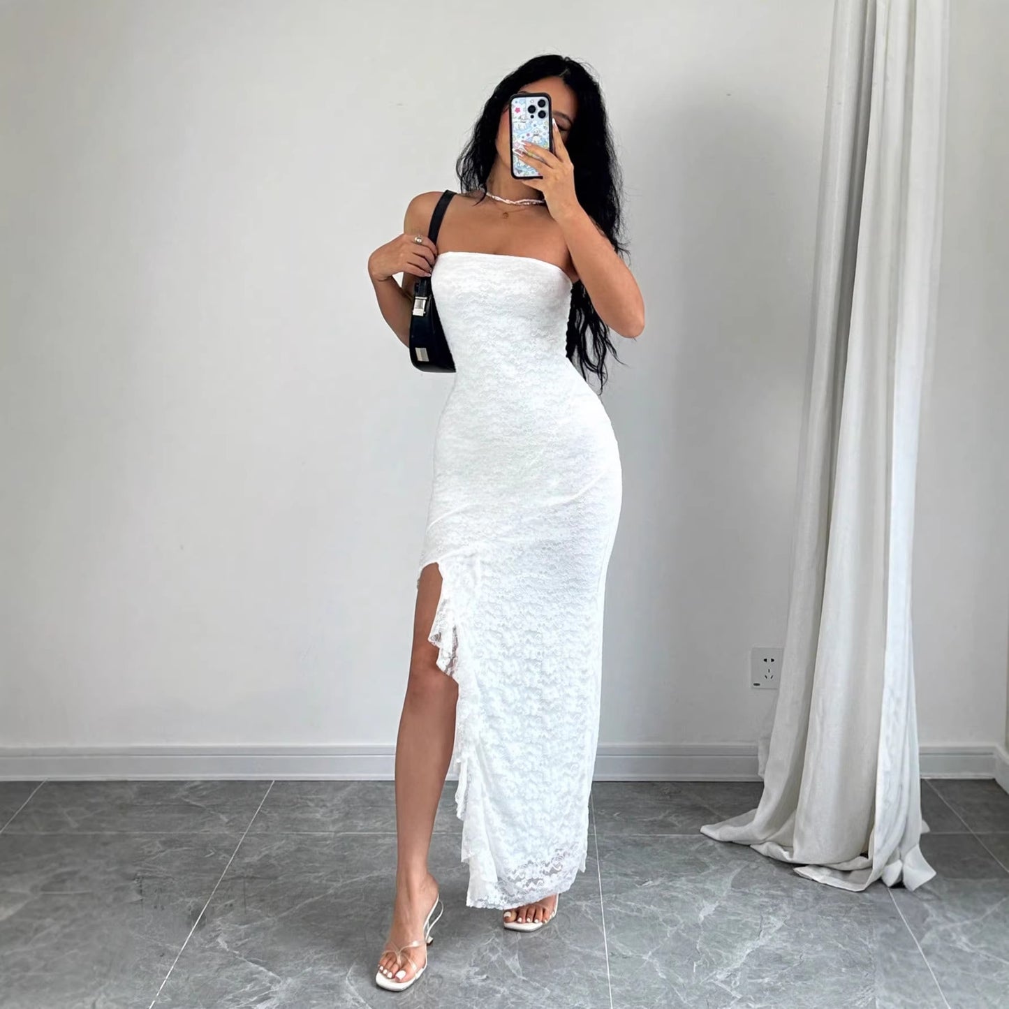 Elegant, Solid-color Strapless Slit Dress