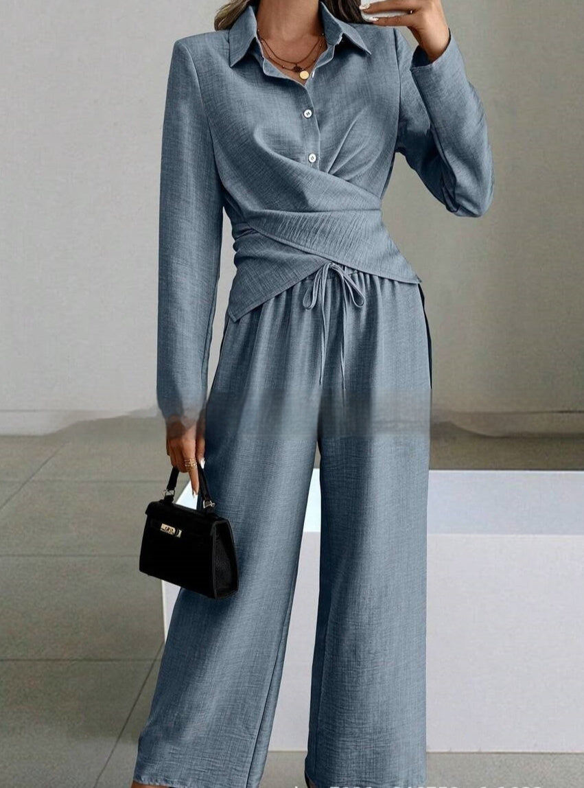 Women's Elegant Shirt Top And Wide-Leg Pants Two-Piece Set