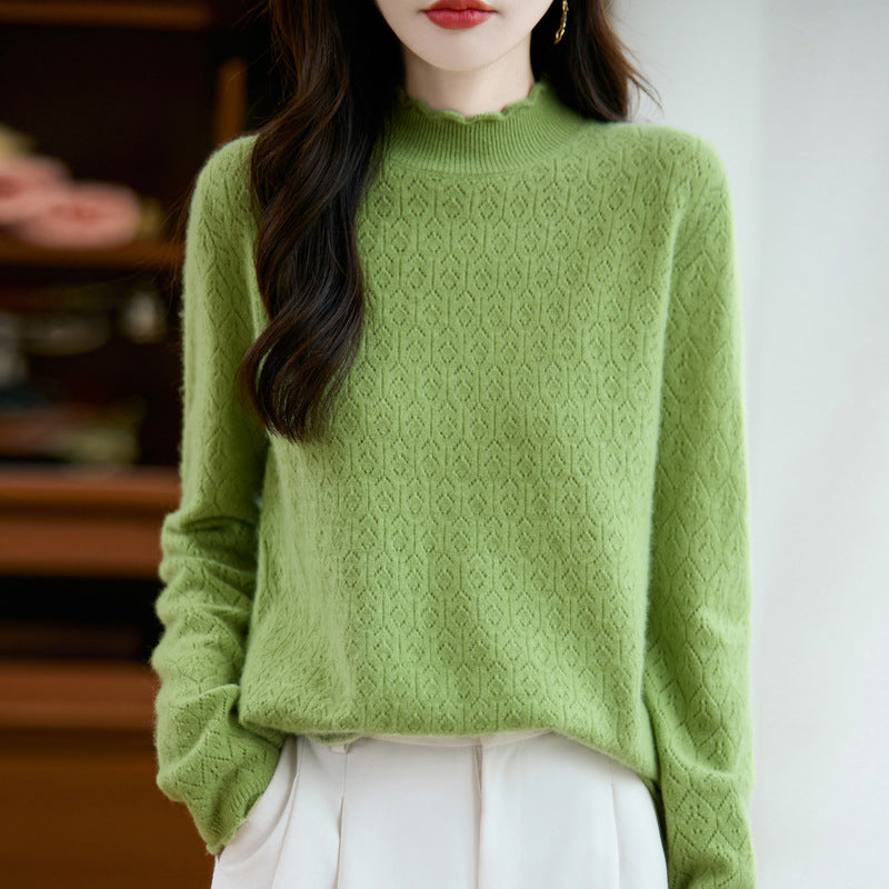 Women's Pure Wool Sweater Half-height Wooden Ear Collar Sweater