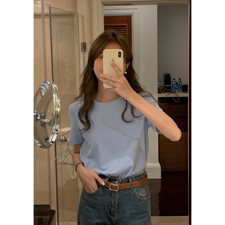 Women's Solid Color Round Neck Loose And Slim Short Sleeve T-shirt