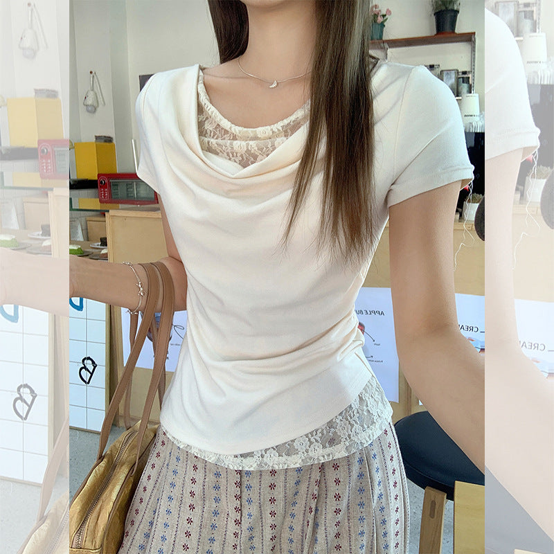 Koreansk stil blonde syning svingkrave off-shoulder kortærmet T-shirt