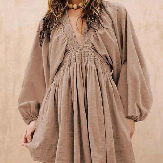 Smoke Gray Deep V Neck Bubble Sleeve Smocked Mini Dress