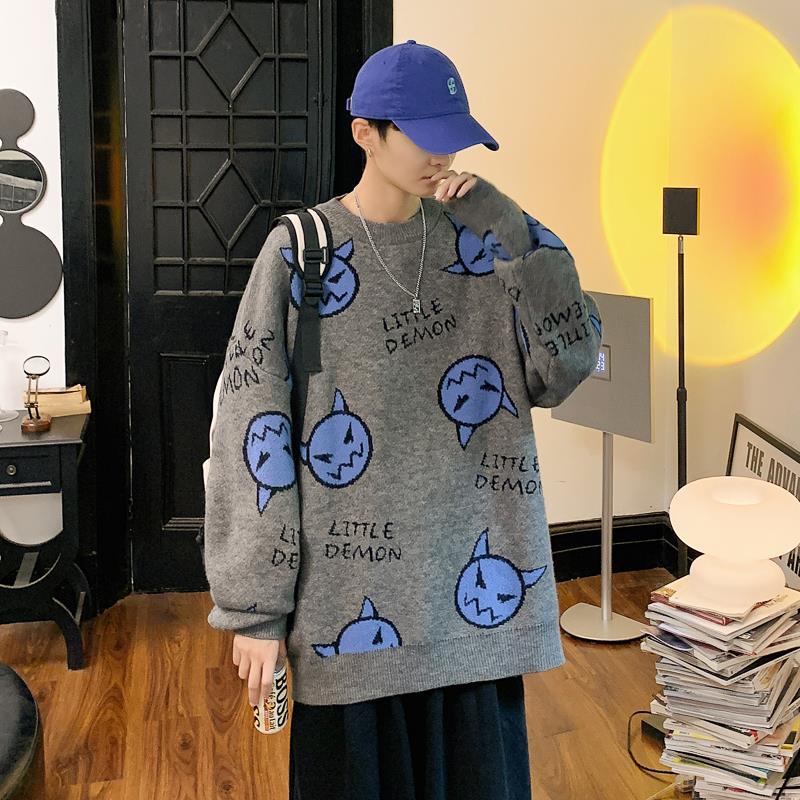 Tegneserie løst strikket afslappet pullover sweater med rund hals til mænd og kvinder